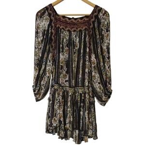Free People Tunic Top XS Boho Hippie Sheer Blouse Floral Embroidered Beaded